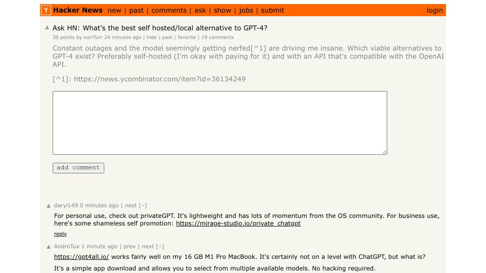 Screenshot of Hacker News post: Ask HN: What's the best self hosted/local alternative to GPT-4?
