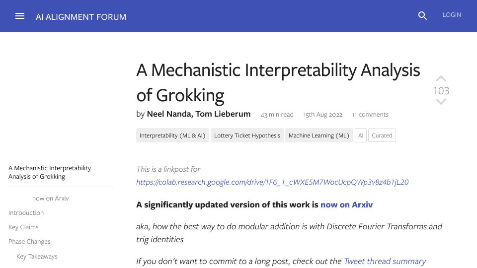 Screenshot of alignmentforum.org: A Mechanistic Interpretability Analysis of Grokking