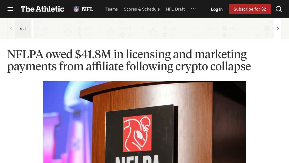 Screenshot of theathletic.com: NFL labor union is out almost $42M thanks to crypto collapse