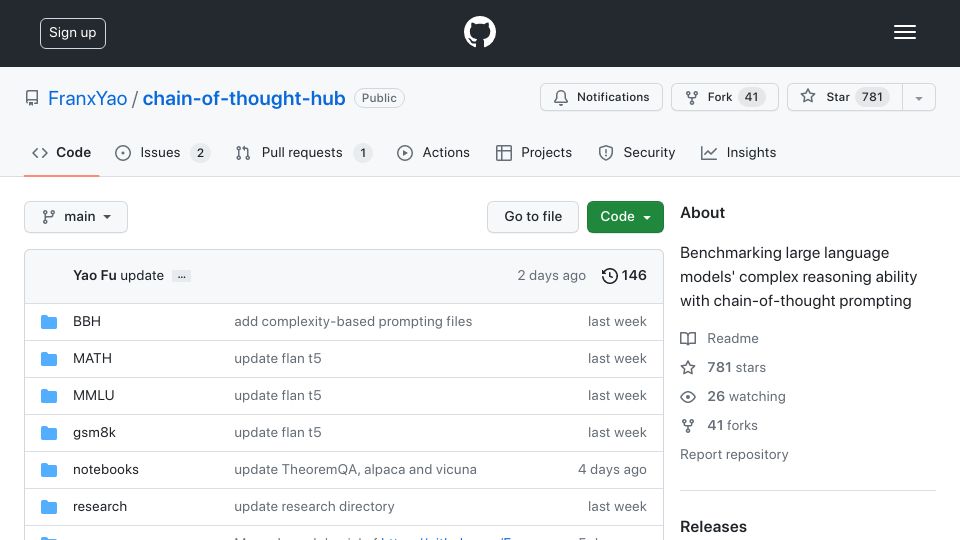 Screenshot of github.com: Chain-of-Thought Hub: Measuring LLMs' Reasoning Performance