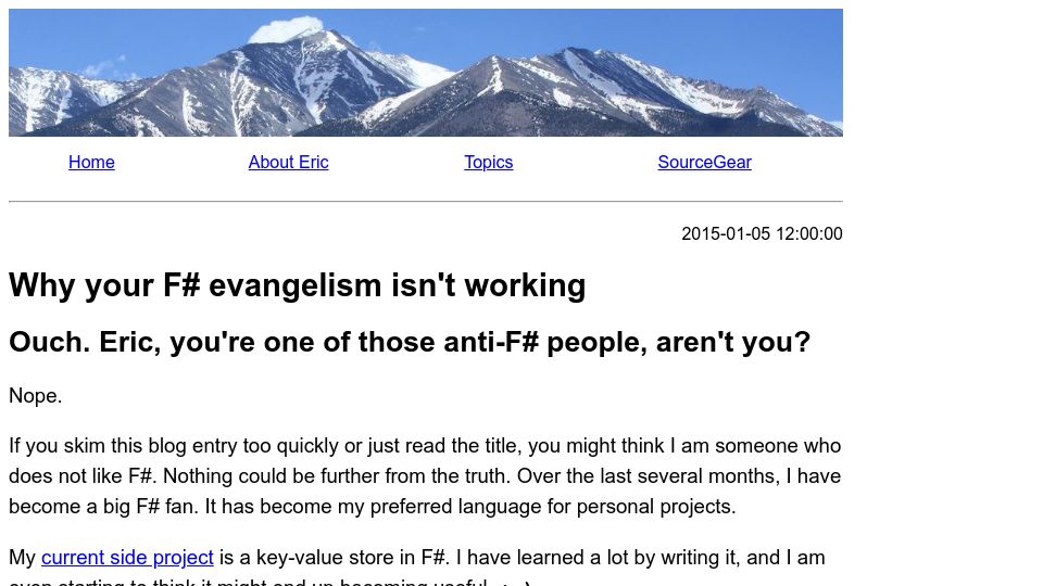 Screenshot of ericsink.com: Why F# evangelism isn't working (2015)
