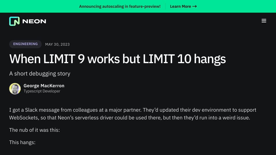 Screenshot of neon.tech: When LIMIT 9 works but LIMIT 10 hangs