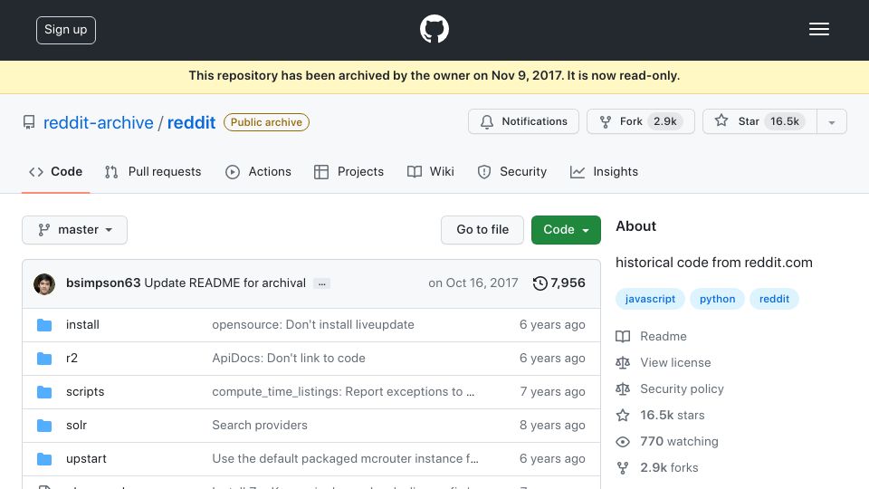 Screenshot of github.com: Historical code from reddit.com