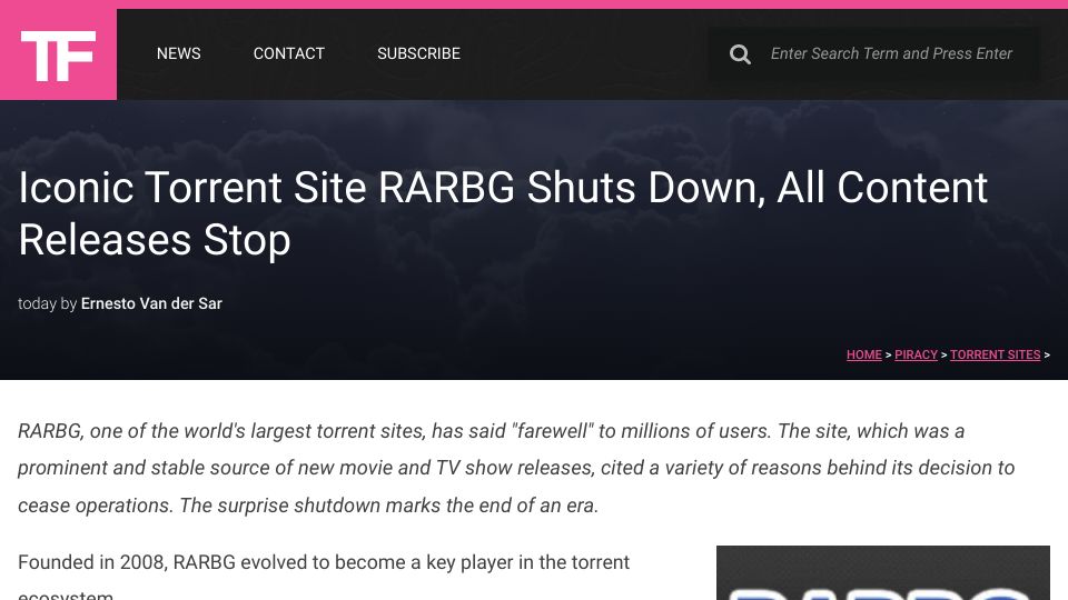Screenshot of torrentfreak.com: Iconic Torrent Site Rarbg Shuts Down, All Content Releases Stop