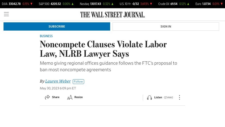 Screenshot of wsj.com: Noncompete clauses violate labor law, NLRB lawyer says