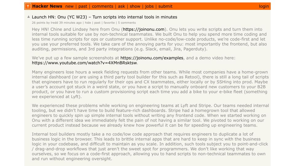 Screenshot of Hacker News post: Launch HN: Onu (YC W23) – Turn scripts into internal tools in minutes