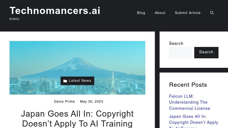 Screenshot of technomancers.ai: Japan’s government will not enforce copyrights on data used in AI training
