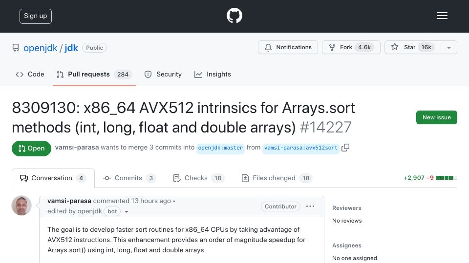 Screenshot of github.com: AVX512 intrinsics for JDK’s Arrays.sort methods