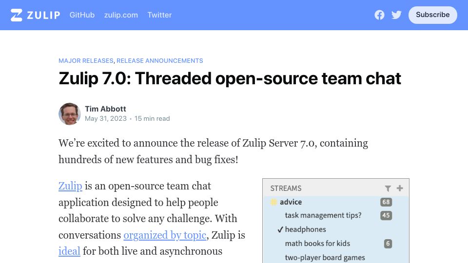 Screenshot of blog.zulip.com: Zulip 7.0: Threaded open-source team chat