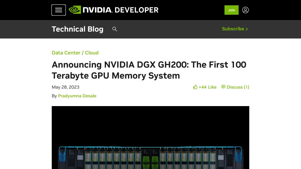 Screenshot of developer.nvidia.com: Nvidia DGX GH200: 100 Terabyte GPU Memory System