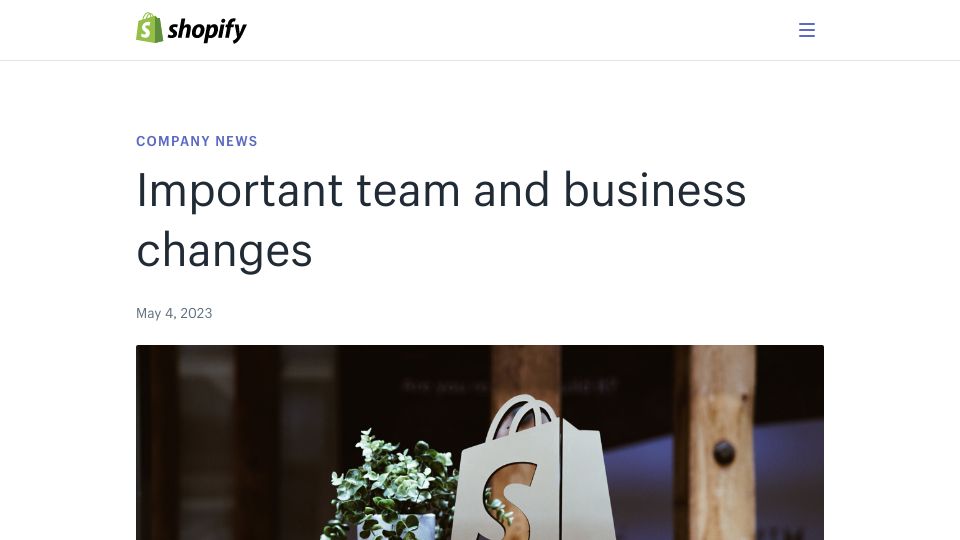 Screenshot of news.shopify.com: Shopify will be smaller by about 20% and Flexport will buy Shopify Logistics