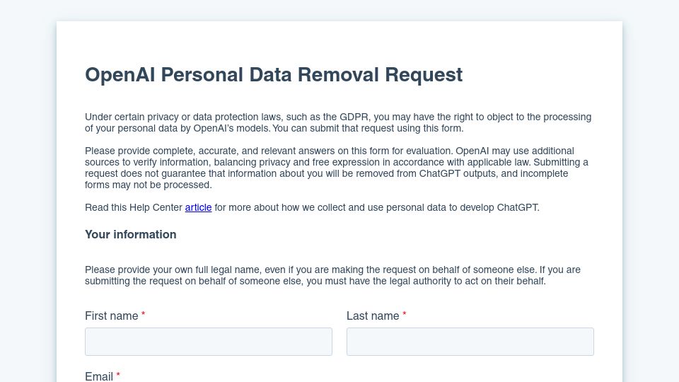 Screenshot of share.hsforms.com: OpenAI Personal Data Removal Request Form