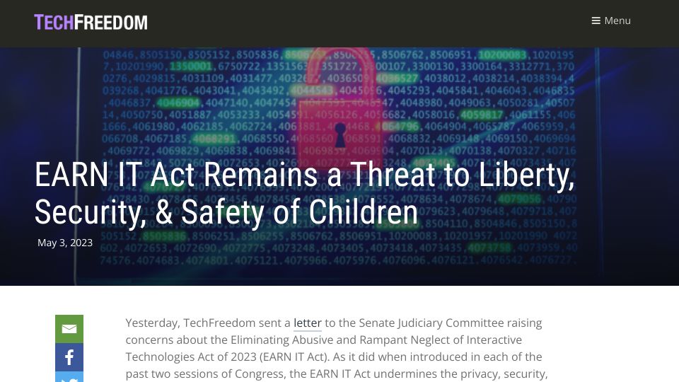 Screenshot of techfreedom.org: EARN IT Act undermines the privacy, security, and safety of law-abiding users