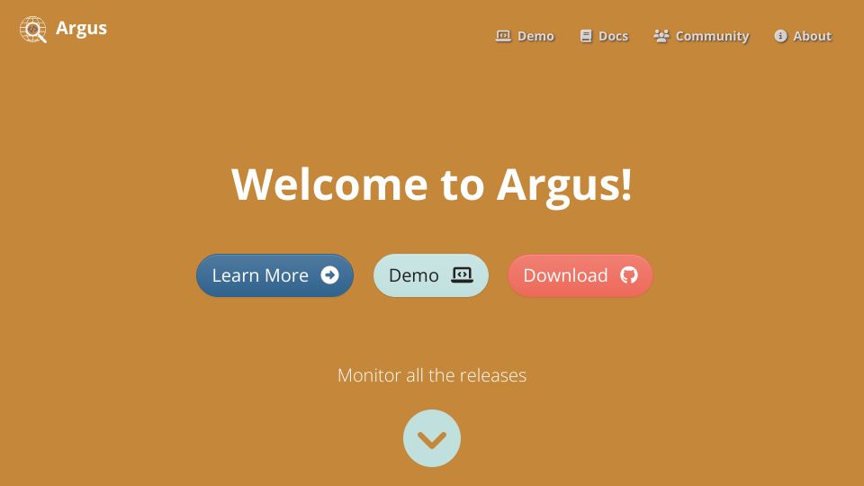 Screenshot of release-argus.io: Argus – monitor the versions of software and trigger alerts when a new release