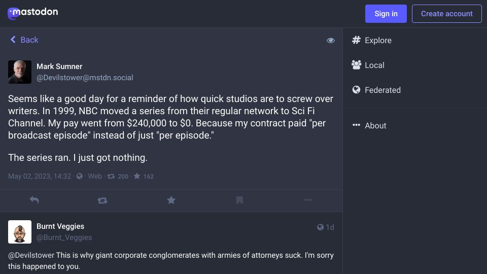 Screenshot of mstdn.social: My pay went from $240k to $0