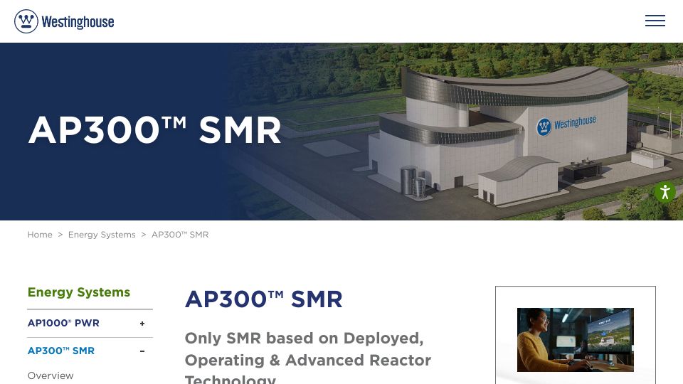 Screenshot of westinghousenuclear.com: Westinghouse AP300 Small Module Reactor