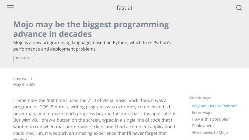 Screenshot of fast.ai: Mojo might be the biggest thing to happen in programming for decades