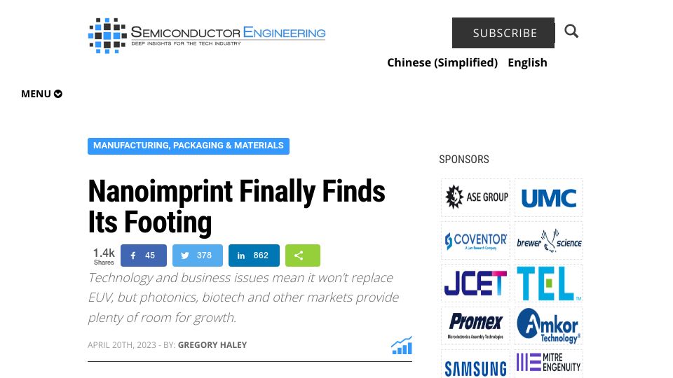 Screenshot of semiengineering.com: Nanoimprint Finally Finds Its Footing