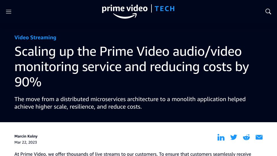 Screenshot of primevideotech.com: Scaling up the Prime Video audio/video monitoring service and reducing costs