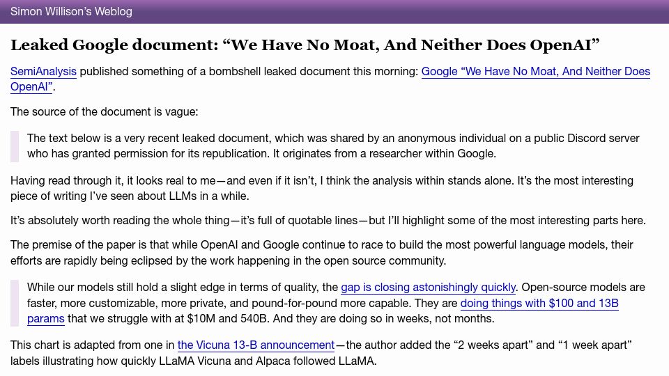Screenshot of simonwillison.net: Leaked Google document: “We Have No Moat, And Neither Does OpenAI”