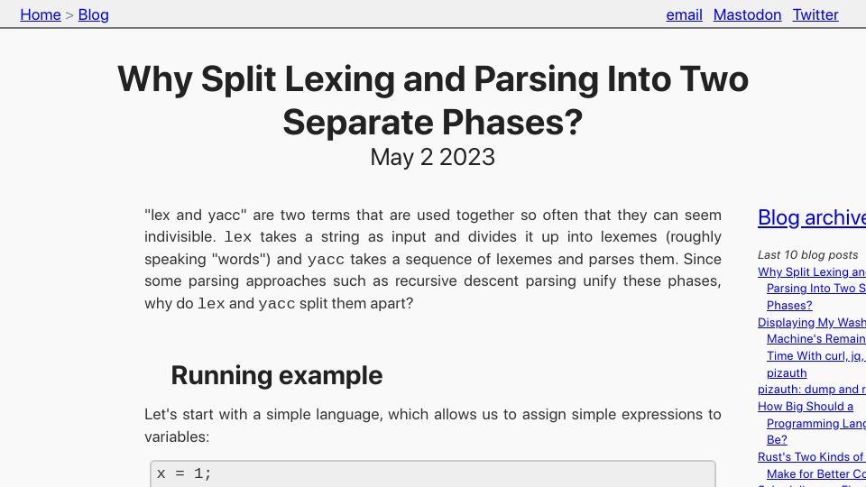 Screenshot of tratt.net: Why split lexing and parsing into two separate phases?