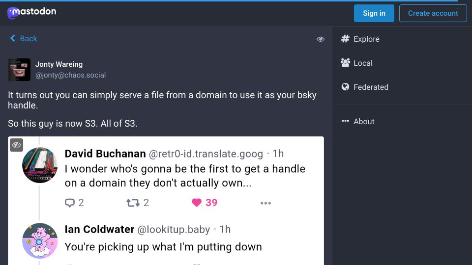 Screenshot of chaos.social: So this guy is now S3. All of S3