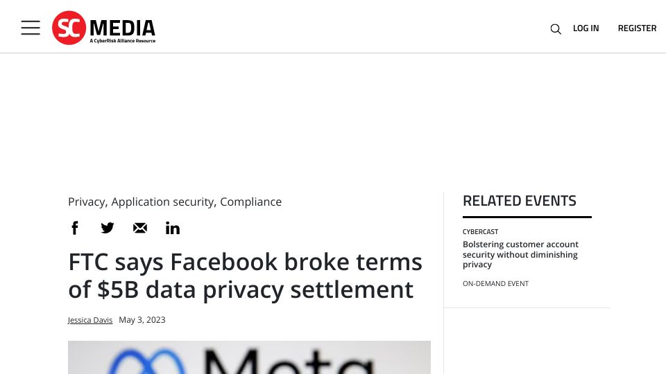 Screenshot of scmagazine.com: FTC says Facebook broke terms of $5B data privacy settlement