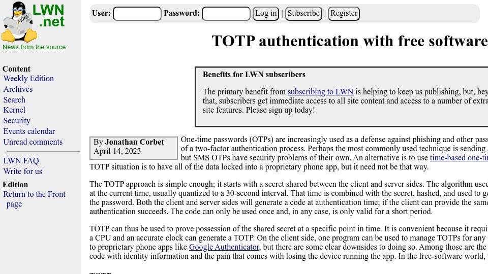 Screenshot of lwn.net: TOTP Authentication with Free Software