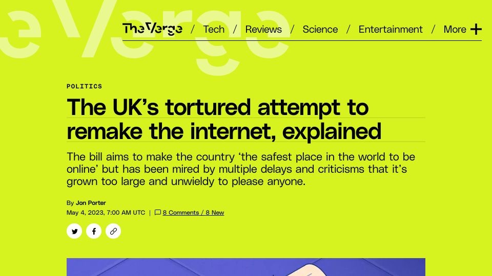 Screenshot of theverge.com: The UK’s tortured attempt to remake the internet