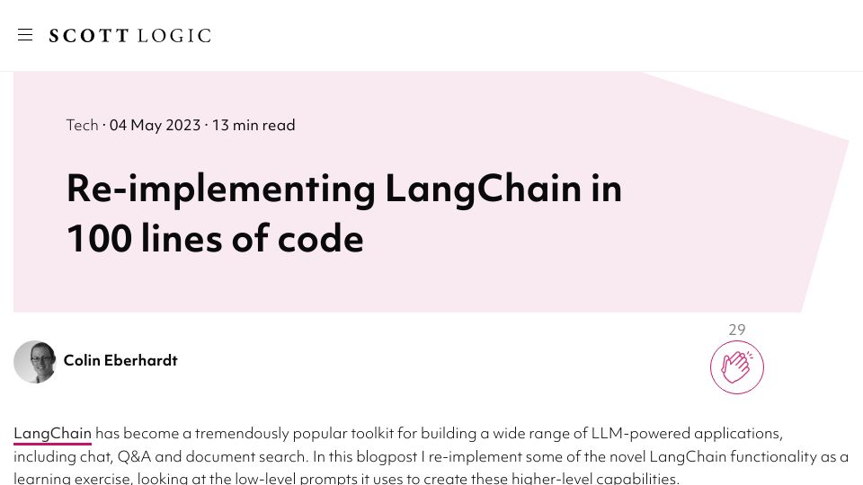 Screenshot of blog.scottlogic.com: Re-implementing LangChain in 100 lines of code
