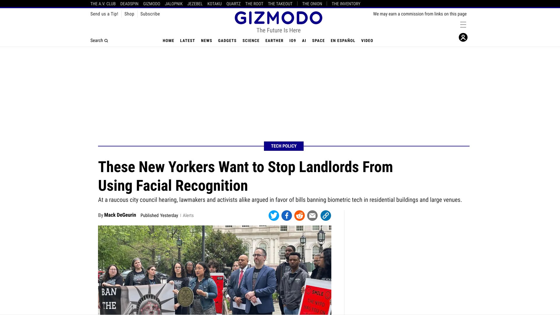 Screenshot of gizmodo.com: New Yorkers want to stop landlords from using facial recognition
