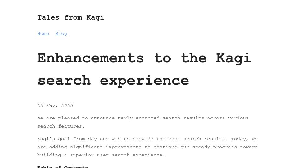 Screenshot of blog.kagi.com: Enhancements to the Kagi Search Experience
