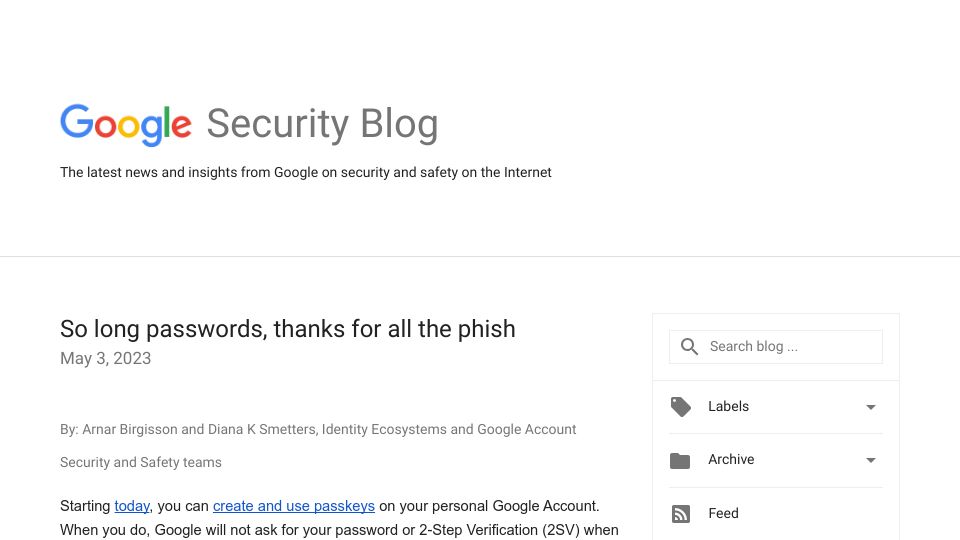 Screenshot of security.googleblog.com: Google Introduces Passkey Authentication