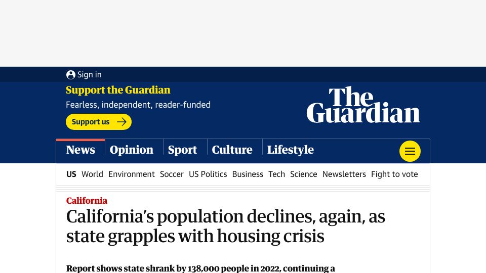 Screenshot of theguardian.com: California’s population declines, again, as state grapples with housing crisis