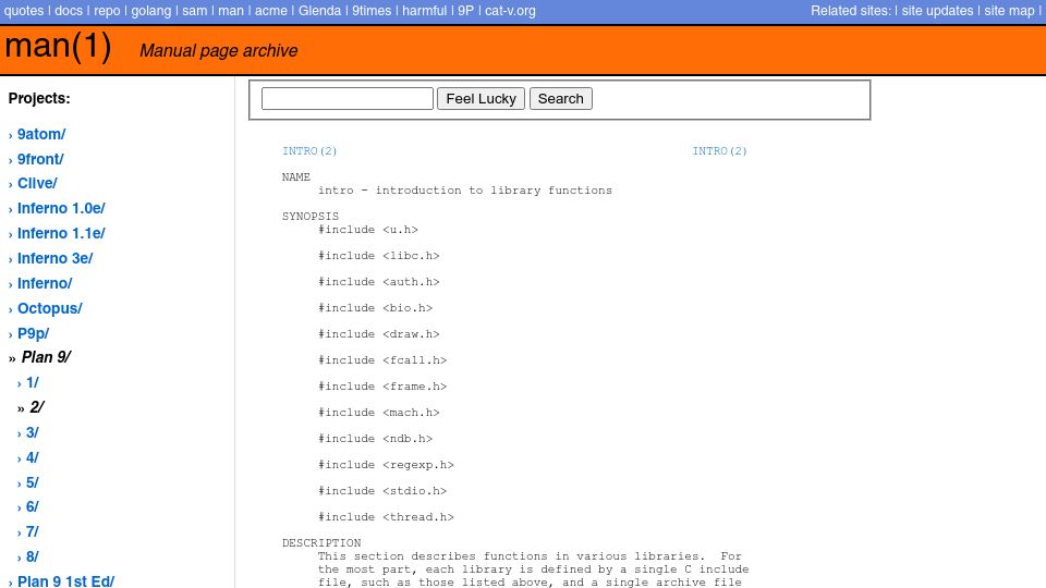 Screenshot of man.cat-v.org: Plan 9 – introduction to library functions