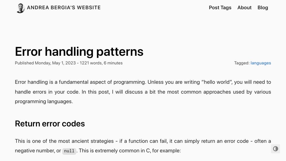 Screenshot of andreabergia.com: Error Handling Patterns