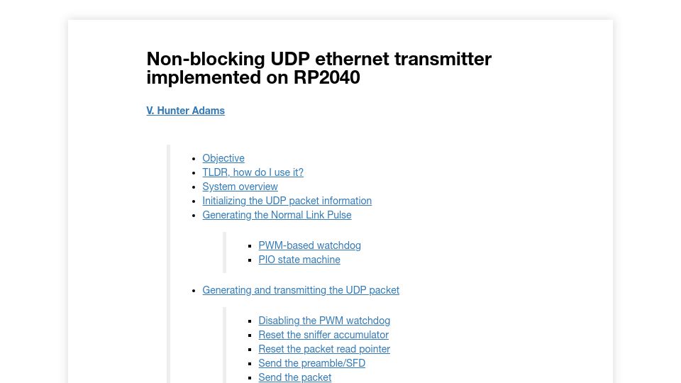 Screenshot of vanhunteradams.com: UDP transmitter implemented with PIO and DMA on the RP2040