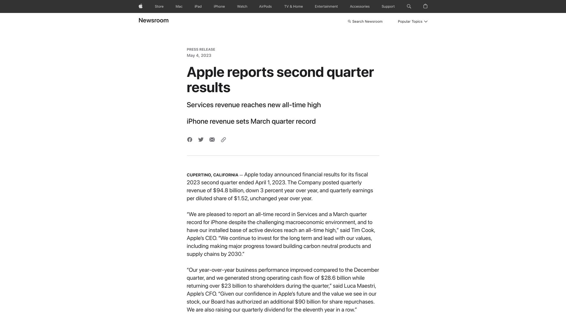 Screenshot of apple.com: Apple reports Q2 2023 results