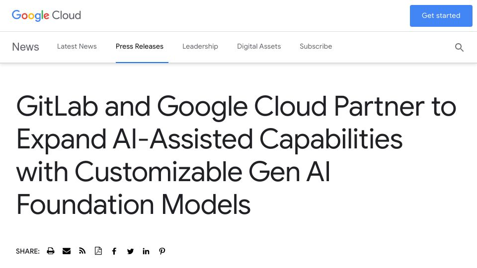 Screenshot of googlecloudpresscorner.com: Gitlab and Google Cloud Partner to Expand AI-Assisted Capabilities