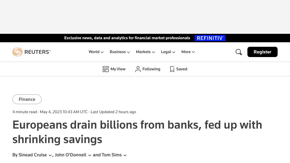 Screenshot of reuters.com: Europeans drain billions from banks, fed up with shrinking savings