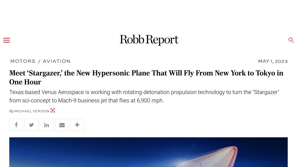 Screenshot of robbreport.com: Mach-9 12-passenger jet will fly from New York to Tokyo in one hour