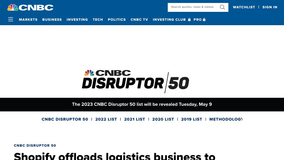 Screenshot of cnbc.com: Shopify offloads logistics business to Flexport