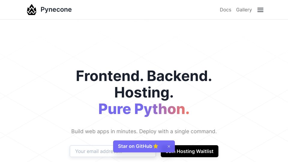 Screenshot of pynecone.io: Pynecone – Performant, customizable web apps in pure Python