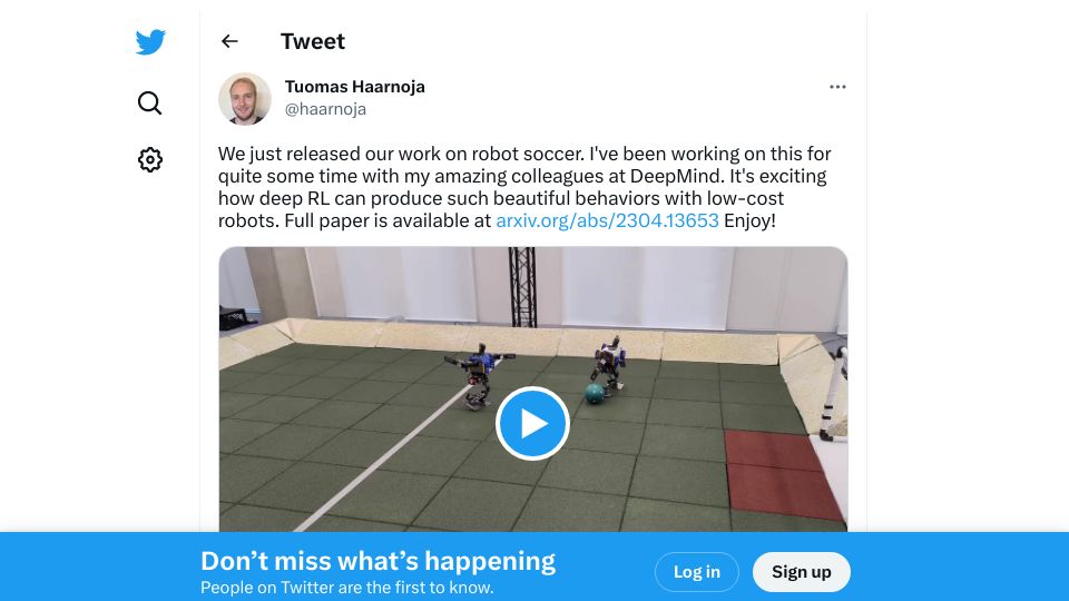 Screenshot of twitter.com: Agile soccer skills for a bipedal robot with deep reinforcement learning