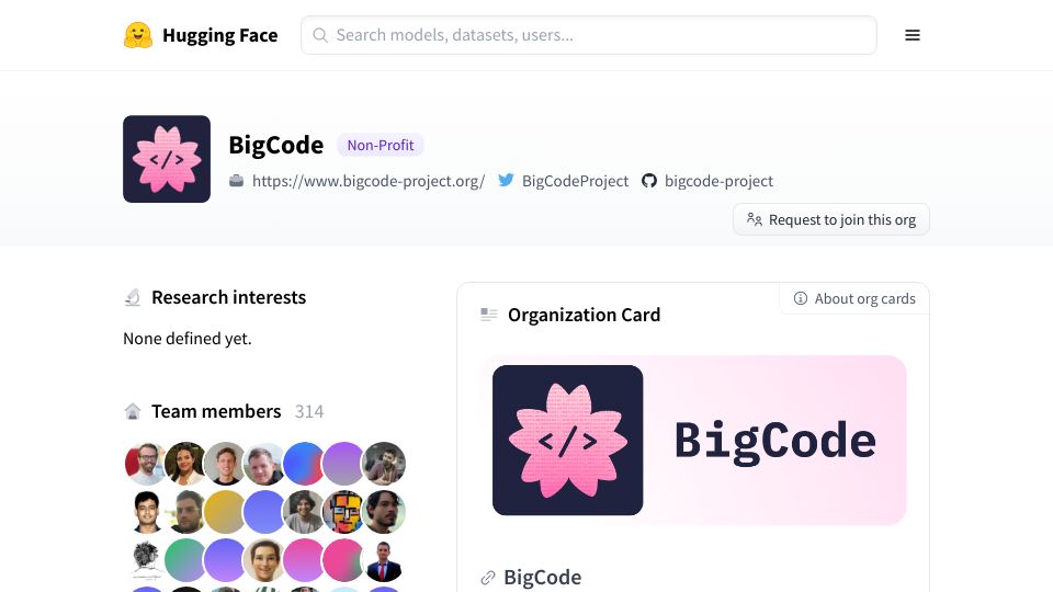 Screenshot of huggingface.co: BigCode Project Releases StarCoder: A 15B Code LLM