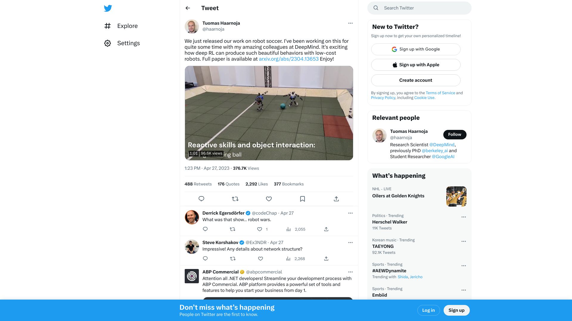 Screenshot of twitter.com: Agile soccer skills for a bipedal robot with deep reinforcement learning