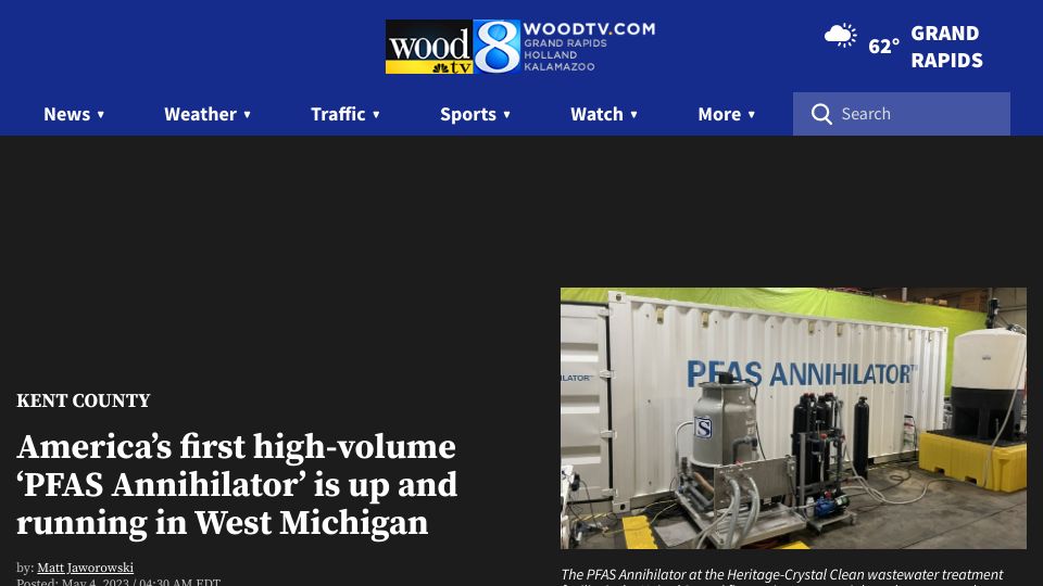 Screenshot of woodtv.com: America’s first high-volume ‘PFAS Annihilator’ is up and running in W. Michigan