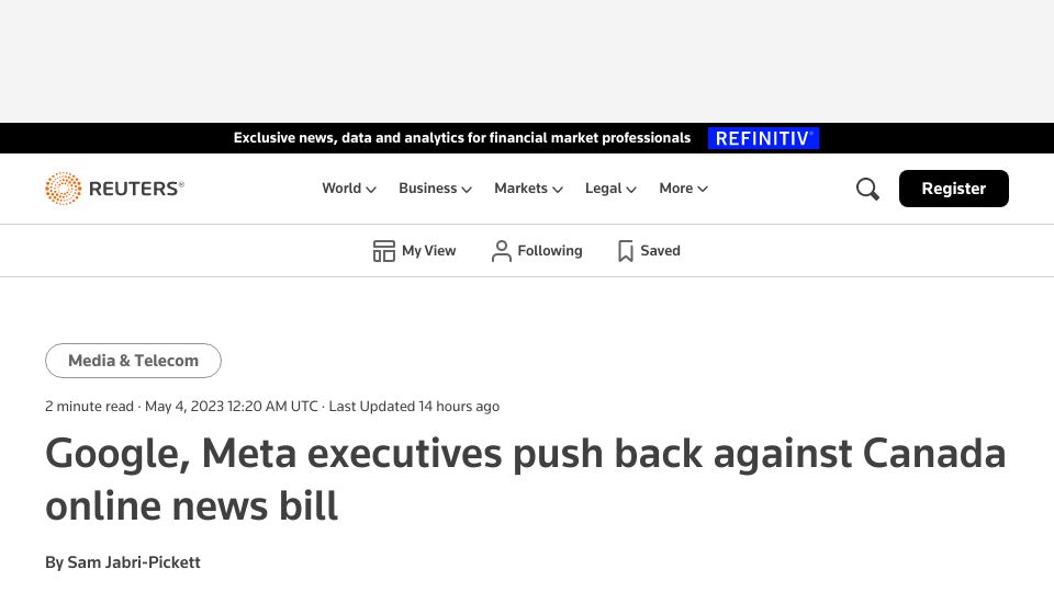 Screenshot of reuters.com: Google, Meta executives push back against Canada online news bill