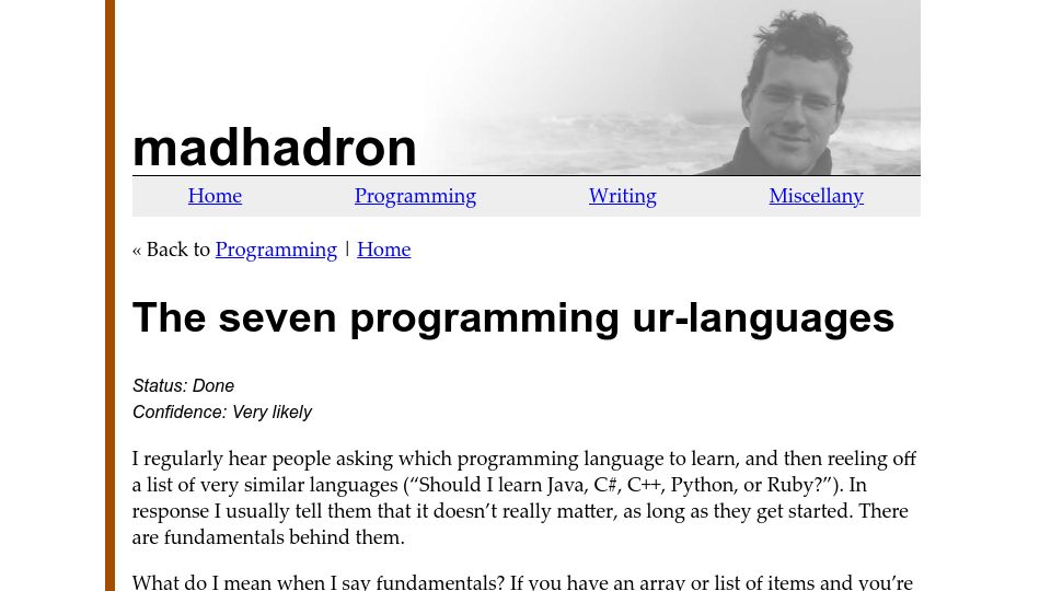 Screenshot of madhadron.com: The seven programming ur-languages (2021)