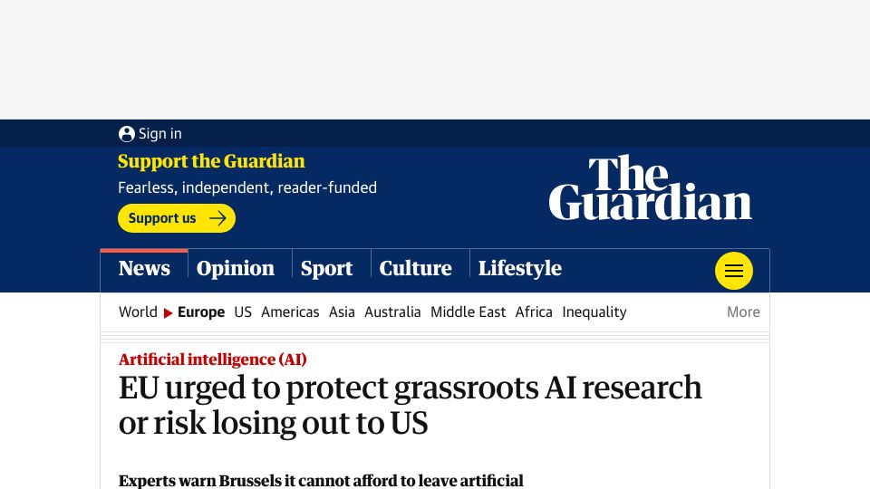 Screenshot of theguardian.com: EU urged to protect grassroots AI research or risk losing out to US